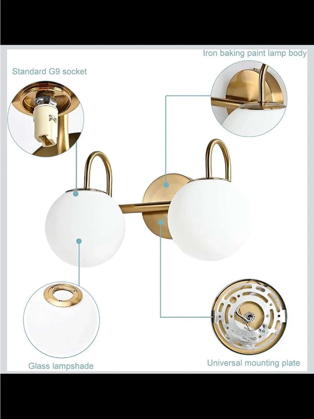 Modern 2-Light Bathroom Vanity Light - Brushed Brass & Globe Shade - New in Box